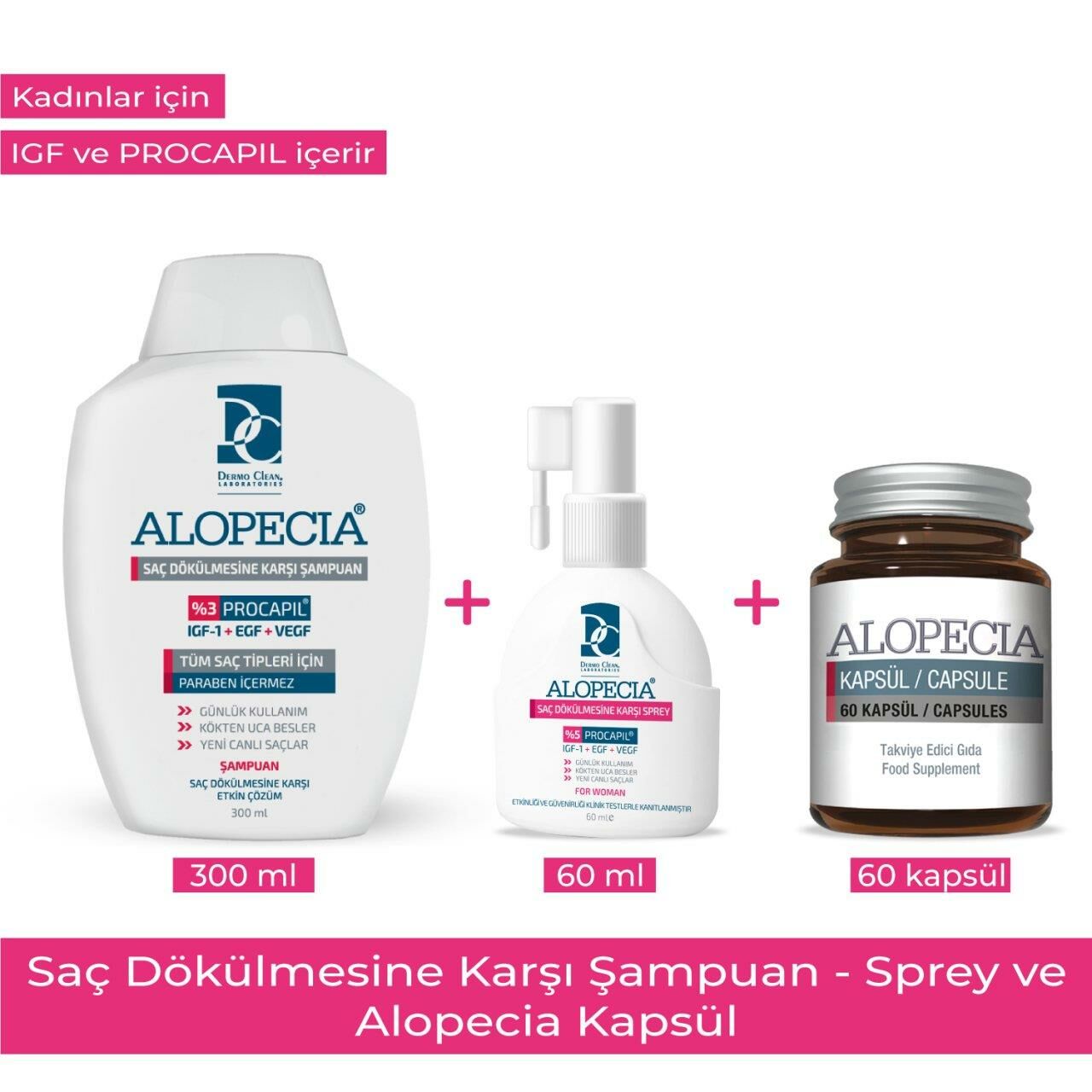 ALOPECIA KADIN PROCAPIL VE IGF İÇERİKLİ ŞAMPUAN & SPREY & 60 KAPSÜL SETİ