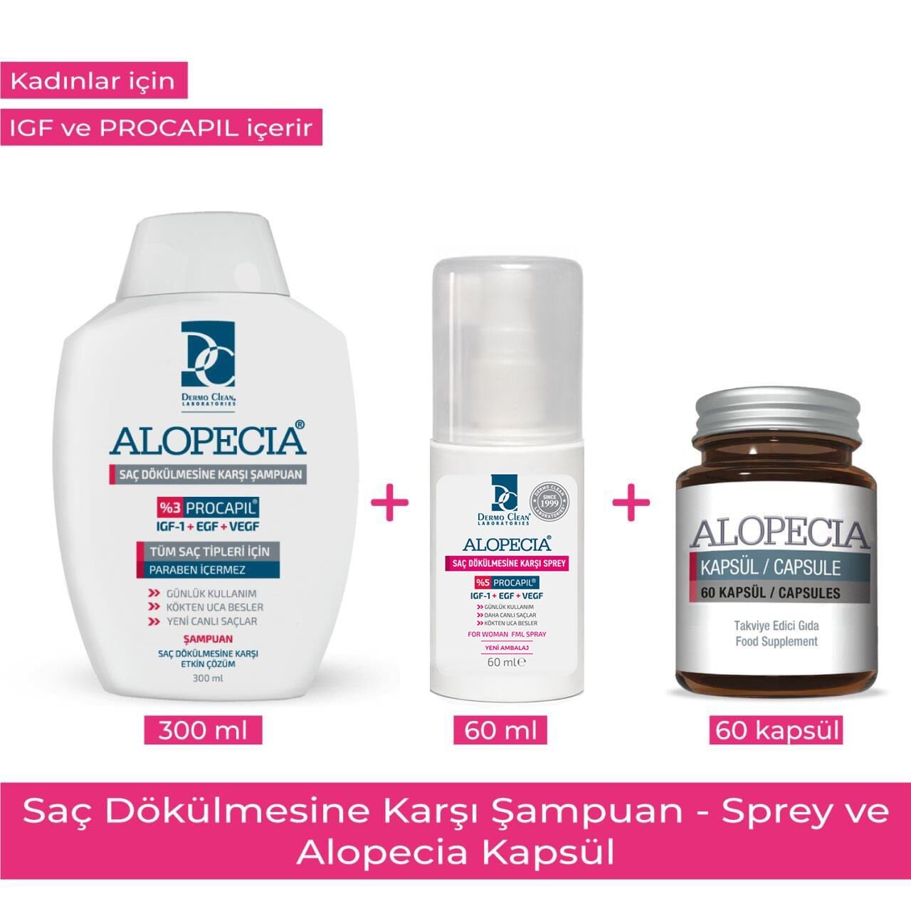 ALOPECIA KADIN PROCAPIL VE IGF İÇERİKLİ ŞAMPUAN & SPREY & 60 KAPSÜL SETİ