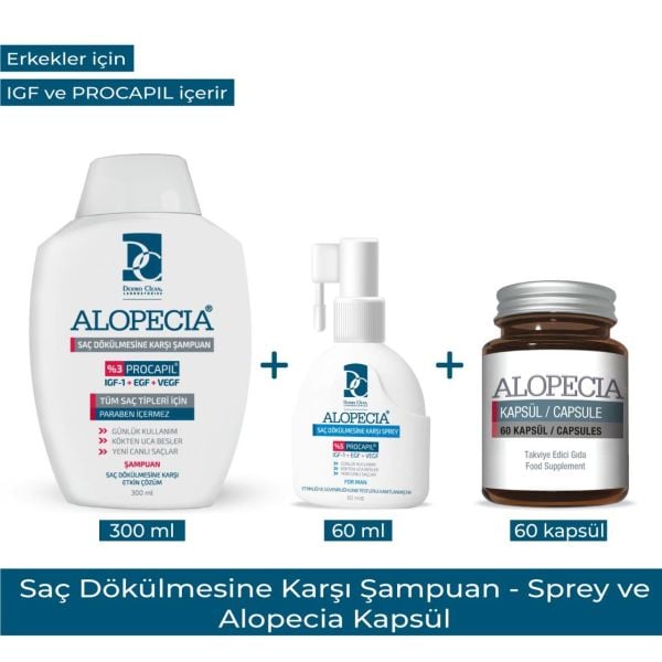 ALOPECIA ERKEK PROCAPIL VE IGF İÇERİKLİ ŞAMPUAN & SPREY & 60 KAPSÜL SETİ