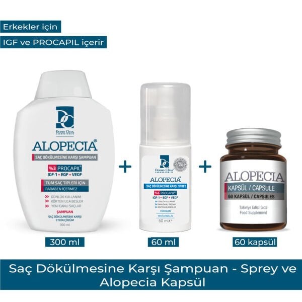 ALOPECIA ERKEK PROCAPIL VE IGF İÇERİKLİ ŞAMPUAN & SPREY & 60 KAPSÜL SETİ