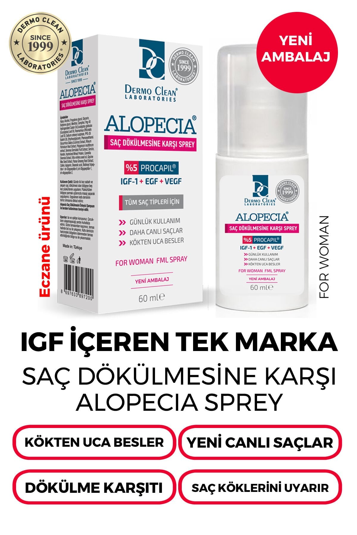 ALOPECİA PROCAPİL VE IGF İÇERİKLİ KADIN SAÇ SPREY (SERUM) 60 ML