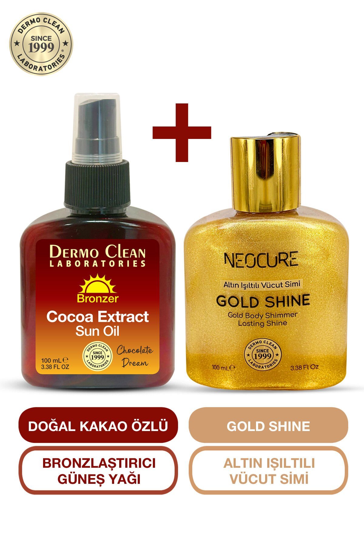 DERMO CLEAN KAKAO ÖZLÜ BRONZLAŞTIRICI GÜNEŞ YAĞI 100 ML + NEOCURE GOLD VÜCUT SİMİ 100 ML