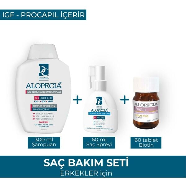 ALOPECIA ERKEK PROCAPIL VE IGF İÇERİKLİ ŞAMPUAN + SAÇ SPREYİ + 2500 BİOTİN SETİ