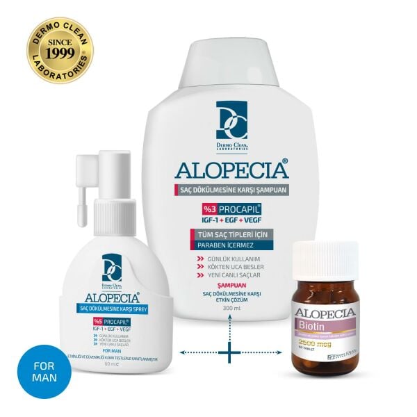 ALOPECIA ERKEK PROCAPIL VE IGF İÇERİKLİ ŞAMPUAN + SAÇ SPREYİ + 2500 BİOTİN SETİ