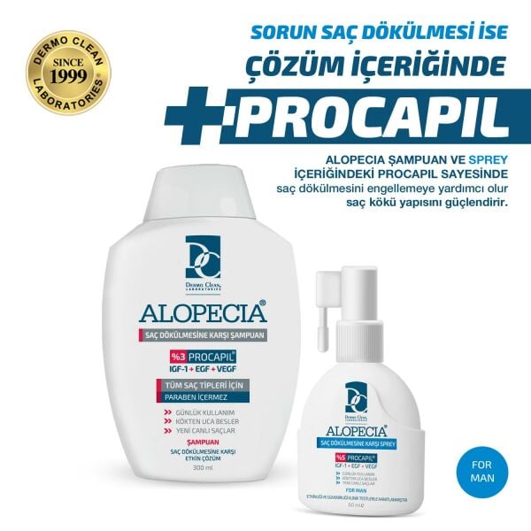 ALOPECIA ERKEK PROCAPIL VE IGF İÇERİKLİ ŞAMPUAN + SAÇ SPREYİ + 2500 BİOTİN SETİ
