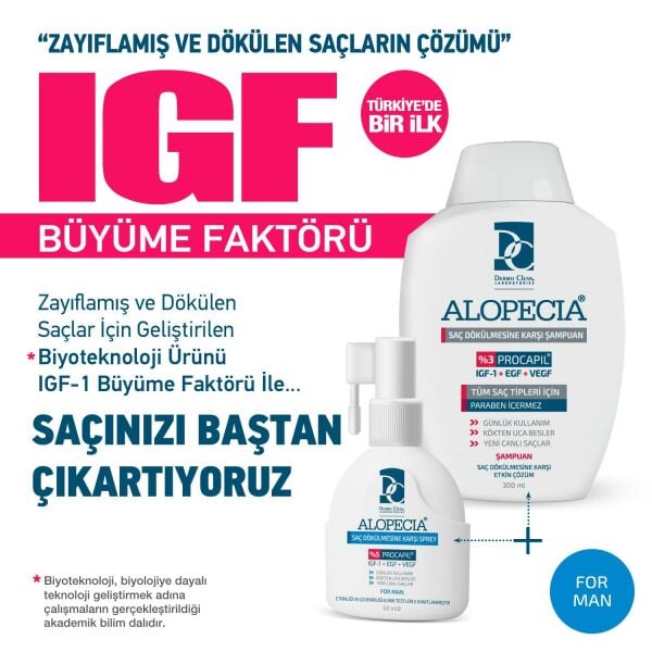 ALOPECIA ERKEK PROCAPIL VE IGF İÇERİKLİ ŞAMPUAN + SAÇ SPREYİ + 2500 BİOTİN SETİ