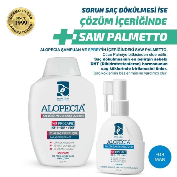 ALOPECIA ERKEK PROCAPIL VE IGF İÇERİKLİ ŞAMPUAN + SAÇ SPREYİ + 2500 BİOTİN SETİ