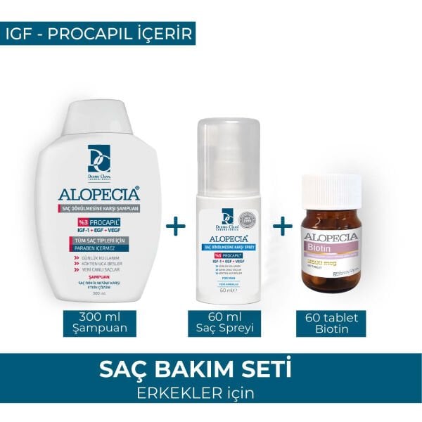 ALOPECIA ERKEK PROCAPIL VE IGF İÇERİKLİ ŞAMPUAN + SAÇ SPREYİ + 2500 BİOTİN SETİ