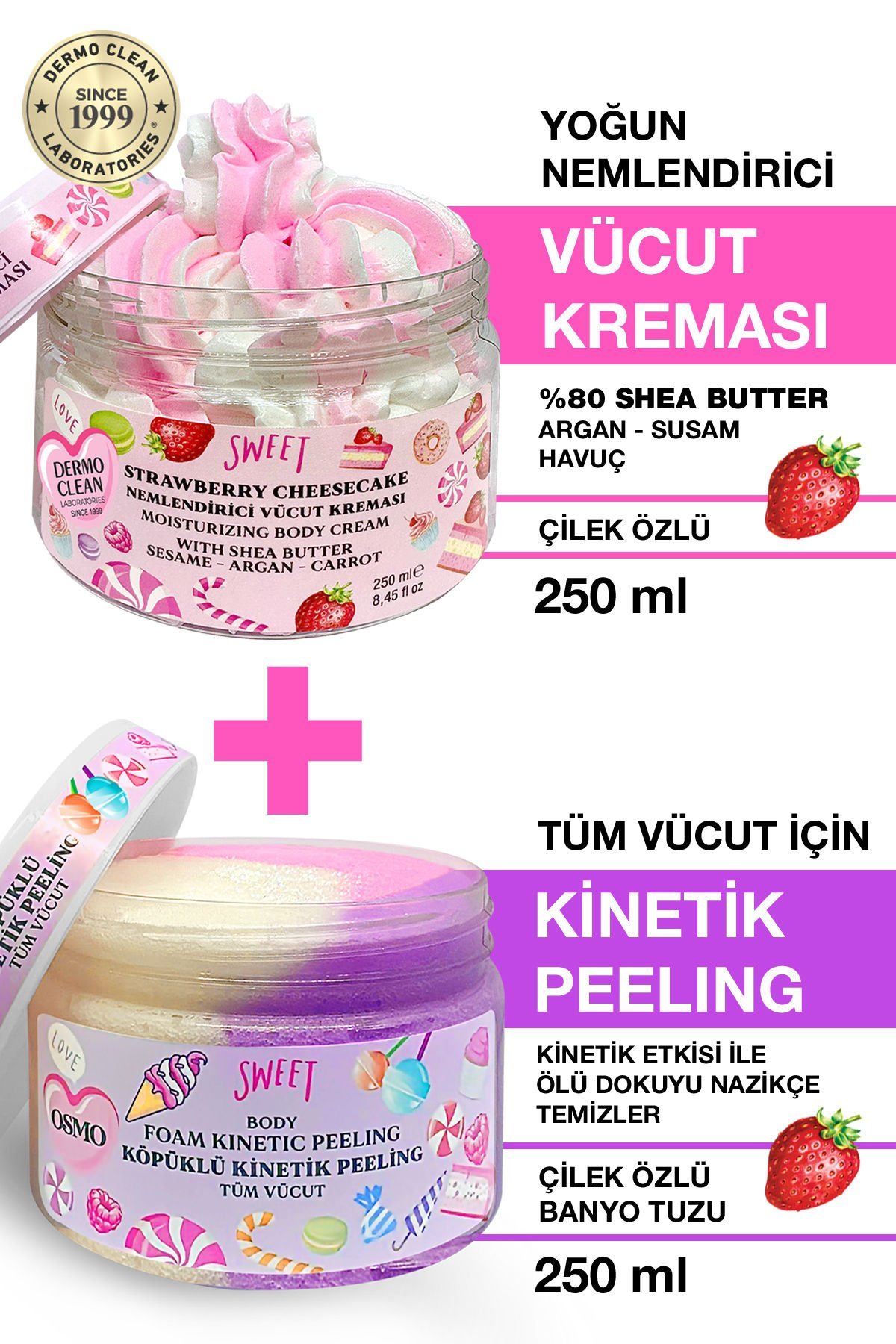 OSMO YOĞUN NEMLENDİRİCİ ÇİLEK ÖZLÜ VÜCUT KREMASI 250 ML + OSMO  TÜM VÜCUT İÇİN KİNETİK PEELİNG BANYO TUZU 250 ML