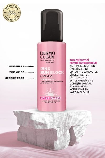 DERMO CLEAN PINK SUN BLOCK CREAM TON EŞİTLEYİCİ LEKE KARŞITI PEMBE GÜNEŞ KREMİ (SPF 50+) 100 ML