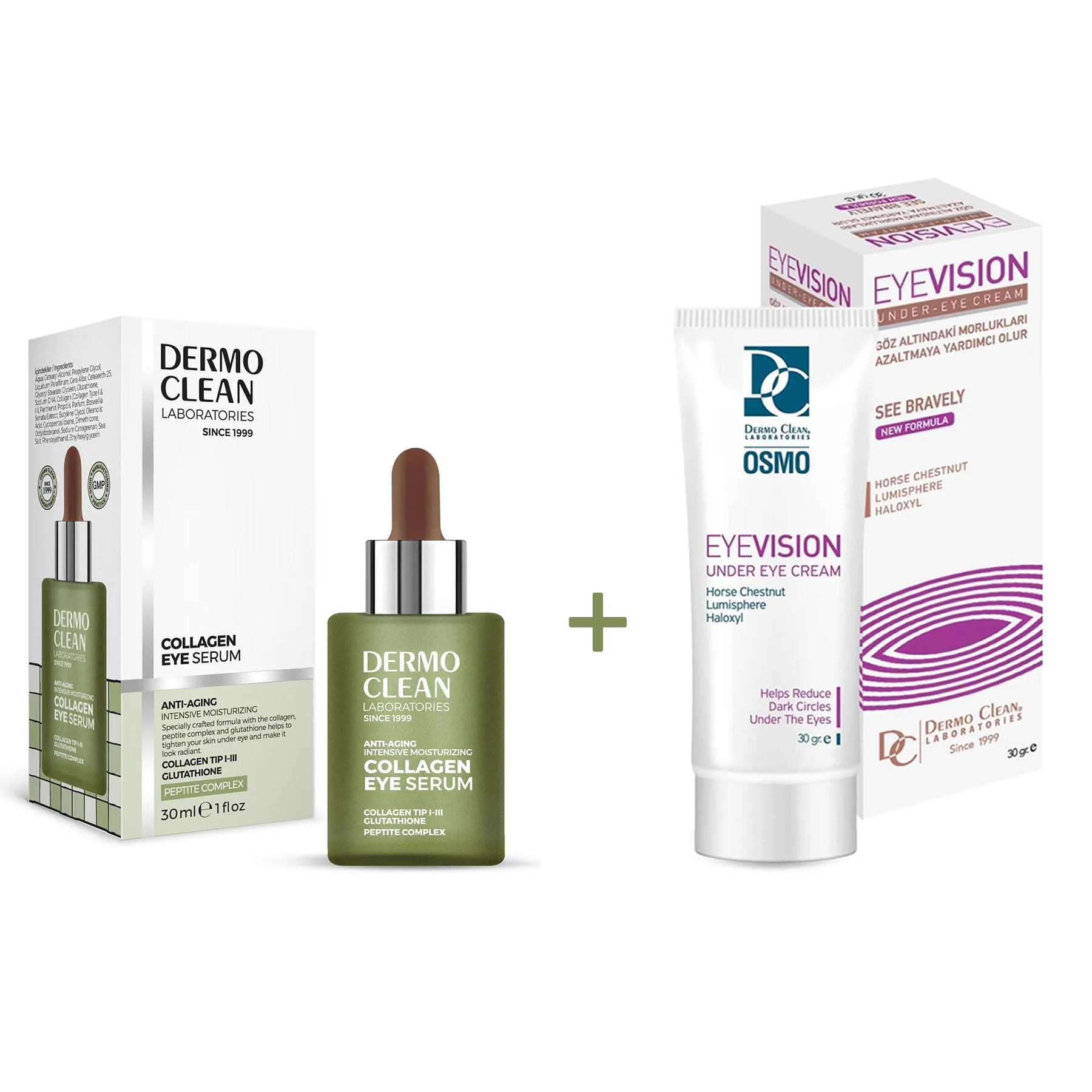 DERMO CLEAN ANTI AGING COLLAGEN EYE SERUM 30 ML + EYEVİSİON GÖZ ALTI MORLUK KREMİ 30 ML