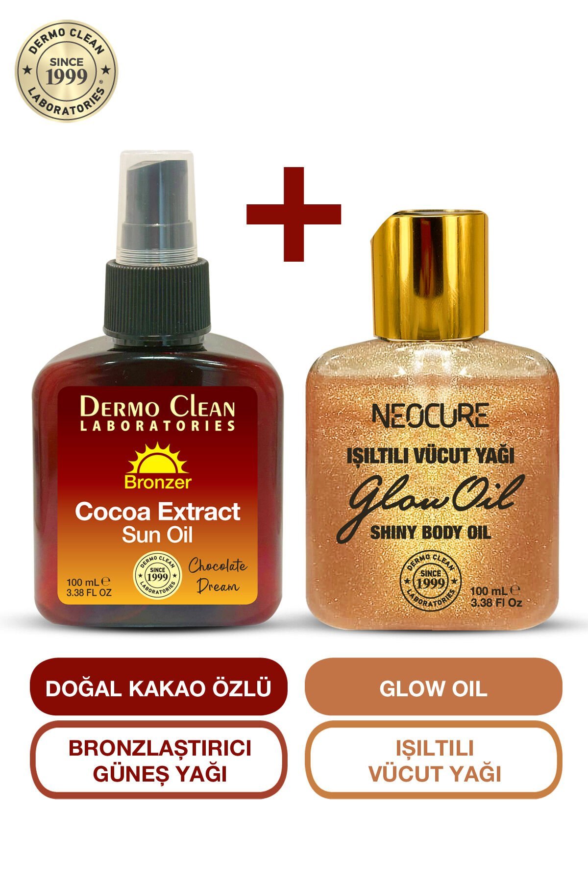 DERMO CLEAN KAKAO ÖZLÜ BRONZLAŞTIRICI GÜNEŞ YAĞI 100 ML + NEOCURE BRONZ IŞILTILI VÜCUT SİMİ BAKIM YAĞI 100 ML