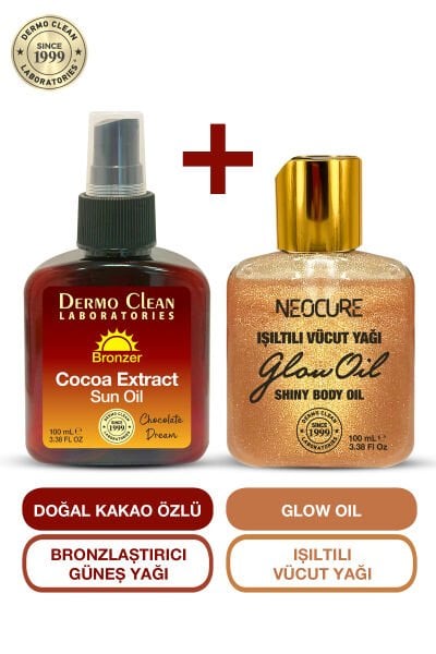 DERMO CLEAN KAKAO ÖZLÜ BRONZLAŞTIRICI GÜNEŞ YAĞI 100 ML + NEOCURE BRONZ IŞILTILI VÜCUT SİMİ BAKIM YAĞI 100 ML