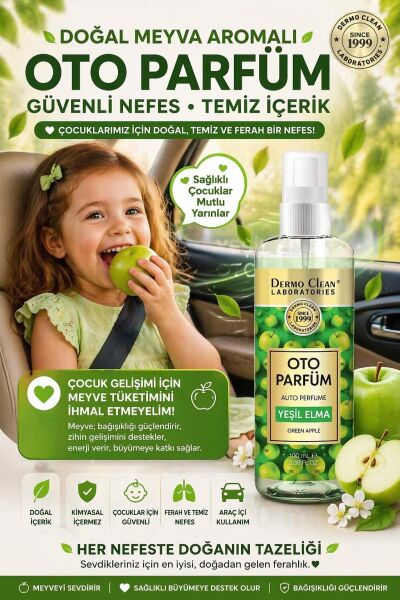 DERMO CLEAN DOĞAL MEYVE ÖZLÜ YEŞİL ELMA KOKULU OTO PARFÜM 100 ML