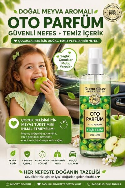 DERMO CLEAN DOĞAL MEYVE ÖZLÜ YEŞİL ELMA KOKULU OTO PARFÜM 100 ML - 2'Lİ SET