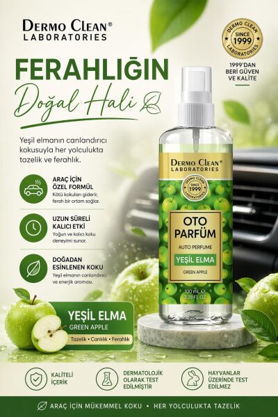 DERMO CLEAN DOĞAL MEYVE ÖZLÜ YEŞİL ELMA KOKULU OTO PARFÜM 100 ML - 2'Lİ SET