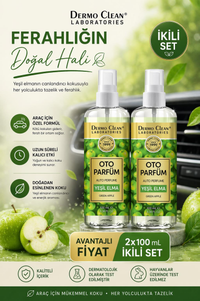 DERMO CLEAN DOĞAL MEYVE ÖZLÜ YEŞİL ELMA KOKULU OTO PARFÜM 100 ML - 2'Lİ SET