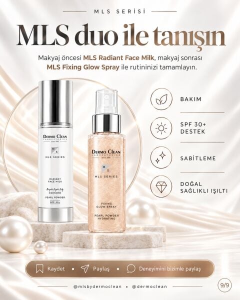 MLS DUO SET (MLS RADIANT FACE MILK SPF 30+ EKSOZOMLU BARİYER DESTEKLEYİCİ YÜZ SÜTÜ 50 ML +  MLS FIXING GLOW SPRAY MAKYAJ SABİTLEME SPREYİ 100 ML)